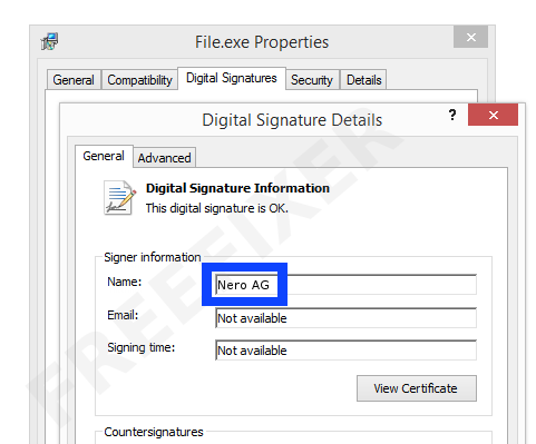 Screenshot of the Nero AG certificate